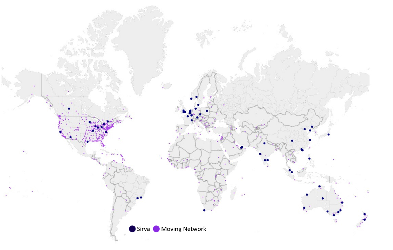 Illustration af Sirva's globale netværk.